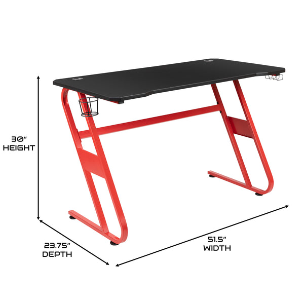 Red |#| Gaming Desk with Black Laminate Top, Red Steel Frame-Cupholder-Headphone Hook