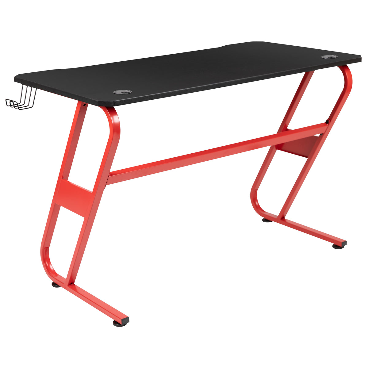 Red |#| Gaming Desk with Black Laminate Top, Red Steel Frame-Cupholder-Headphone Hook