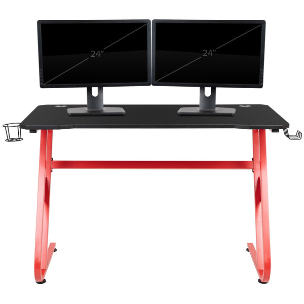 Red |#| Gaming Desk with Black Laminate Top, Red Steel Frame-Cupholder-Headphone Hook