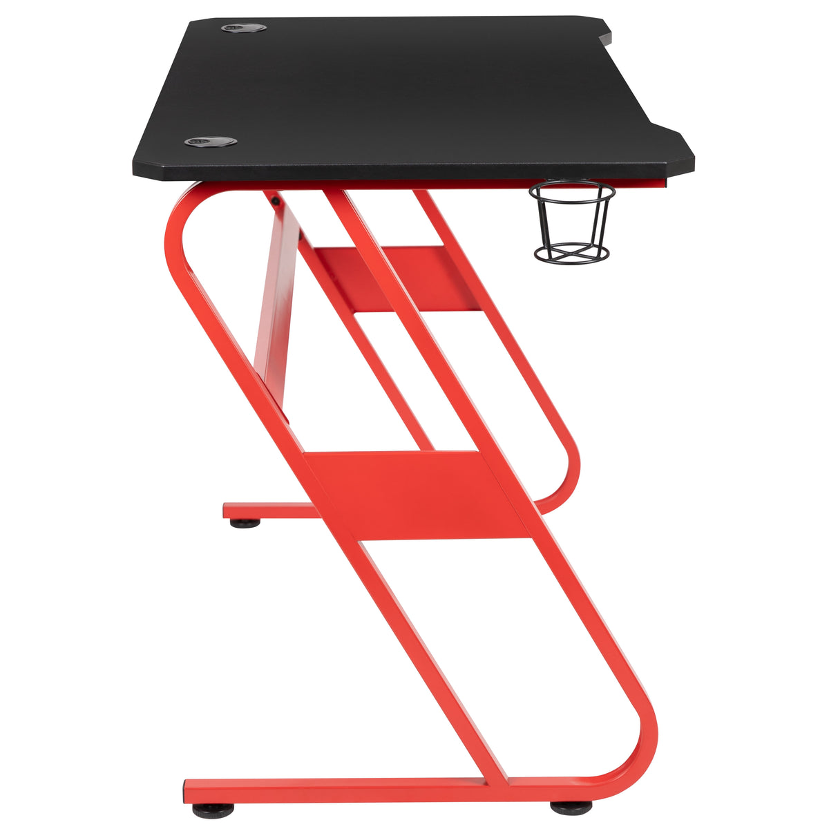 Red |#| Gaming Desk with Black Laminate Top, Red Steel Frame-Cupholder-Headphone Hook