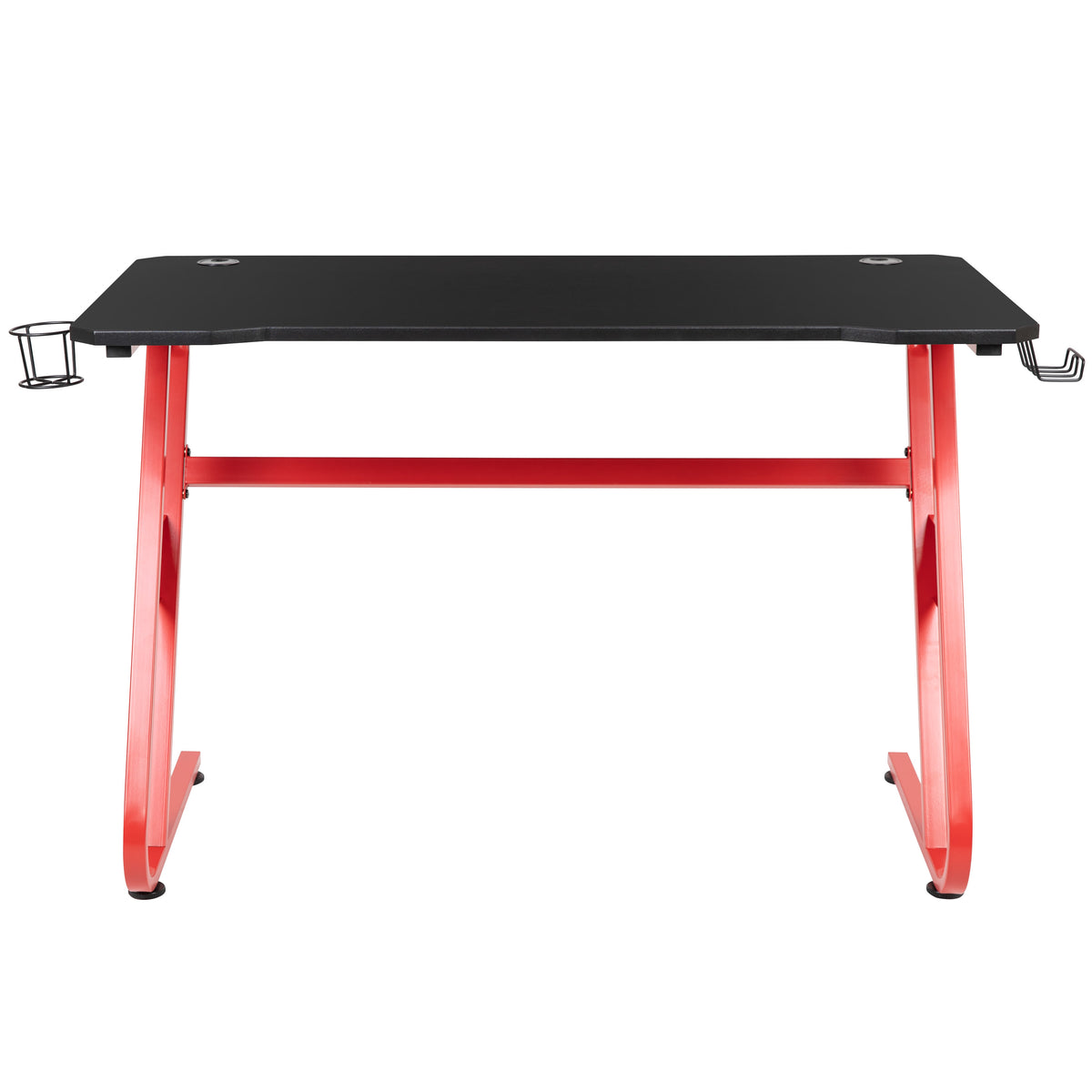 Red |#| Gaming Desk with Black Laminate Top, Red Steel Frame-Cupholder-Headphone Hook