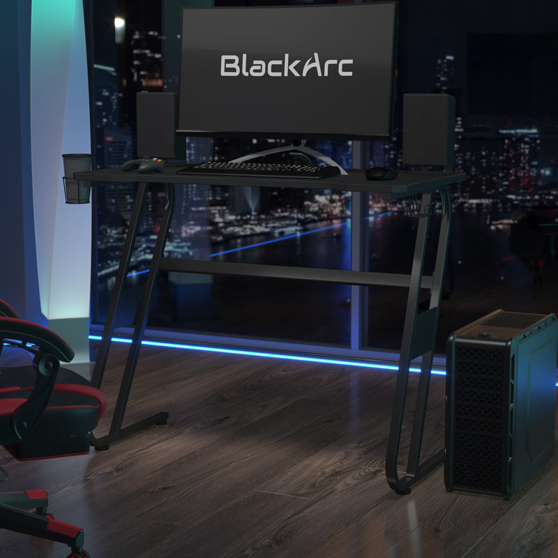 Black |#| Gaming Desk with Black Laminate Top, Black Steel Frame-Cupholder-Headphone Hook