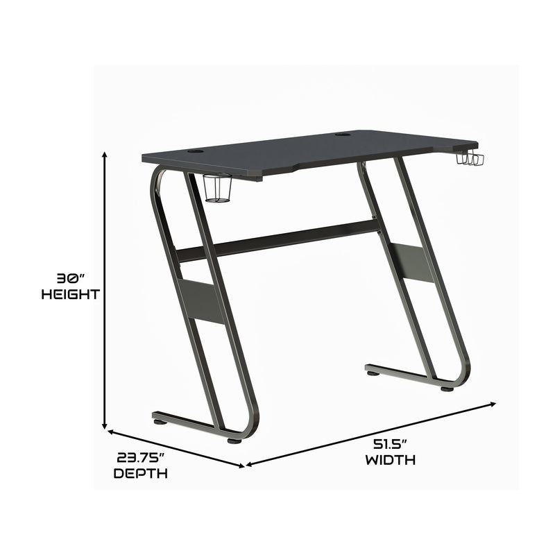 Black |#| Gaming Desk with Black Laminate Top, Black Steel Frame-Cupholder-Headphone Hook