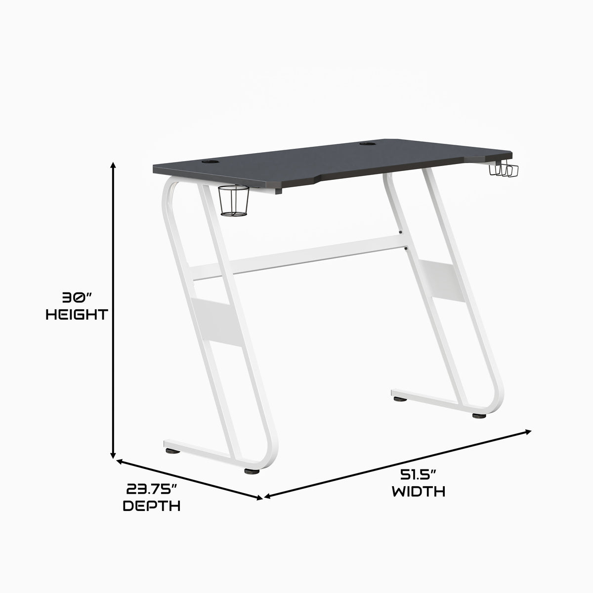 White |#| Gaming Desk with Black Laminate Top, White Steel Frame-Cupholder-Headphone Hook