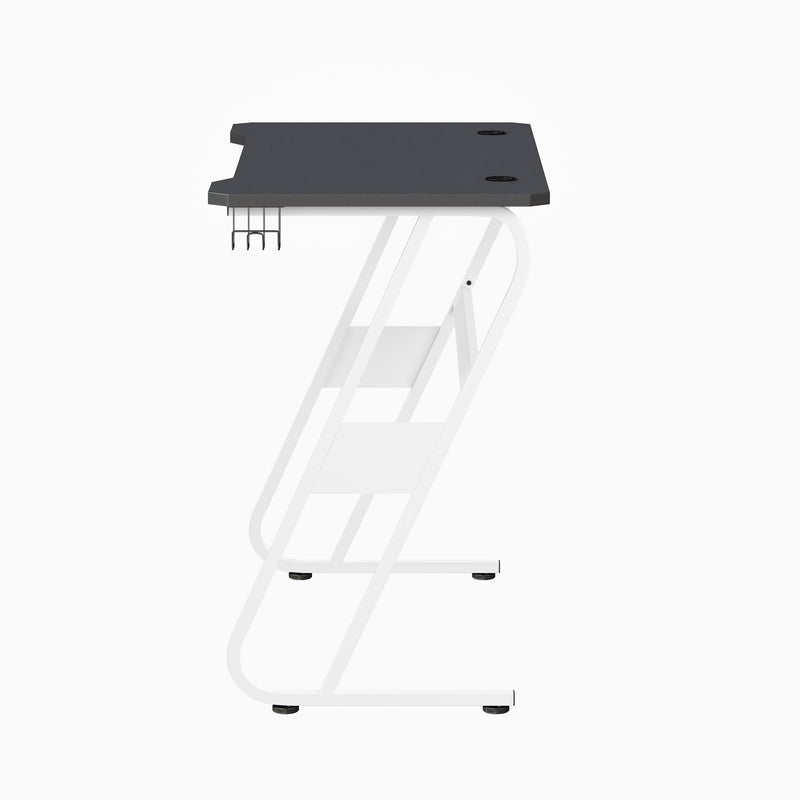 White |#| Gaming Desk with Black Laminate Top, White Steel Frame-Cupholder-Headphone Hook