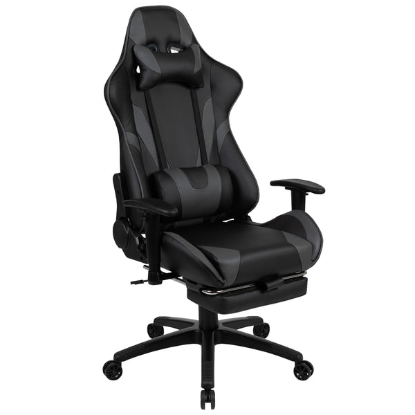 Gray |#| Reclining Faux Leather Gaming Chair - Adjustable Arms & Footrest - Black & Gray