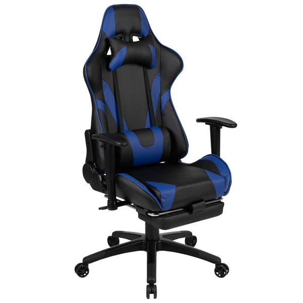 Blue |#| Reclining Faux Leather Gaming Chair - Adjustable Arms & Footrest - Black & Blue