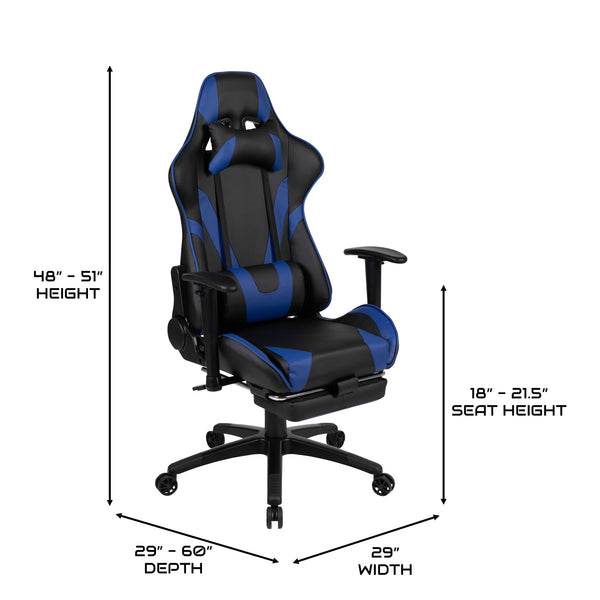 Blue |#| Reclining Faux Leather Gaming Chair - Adjustable Arms & Footrest - Black & Blue