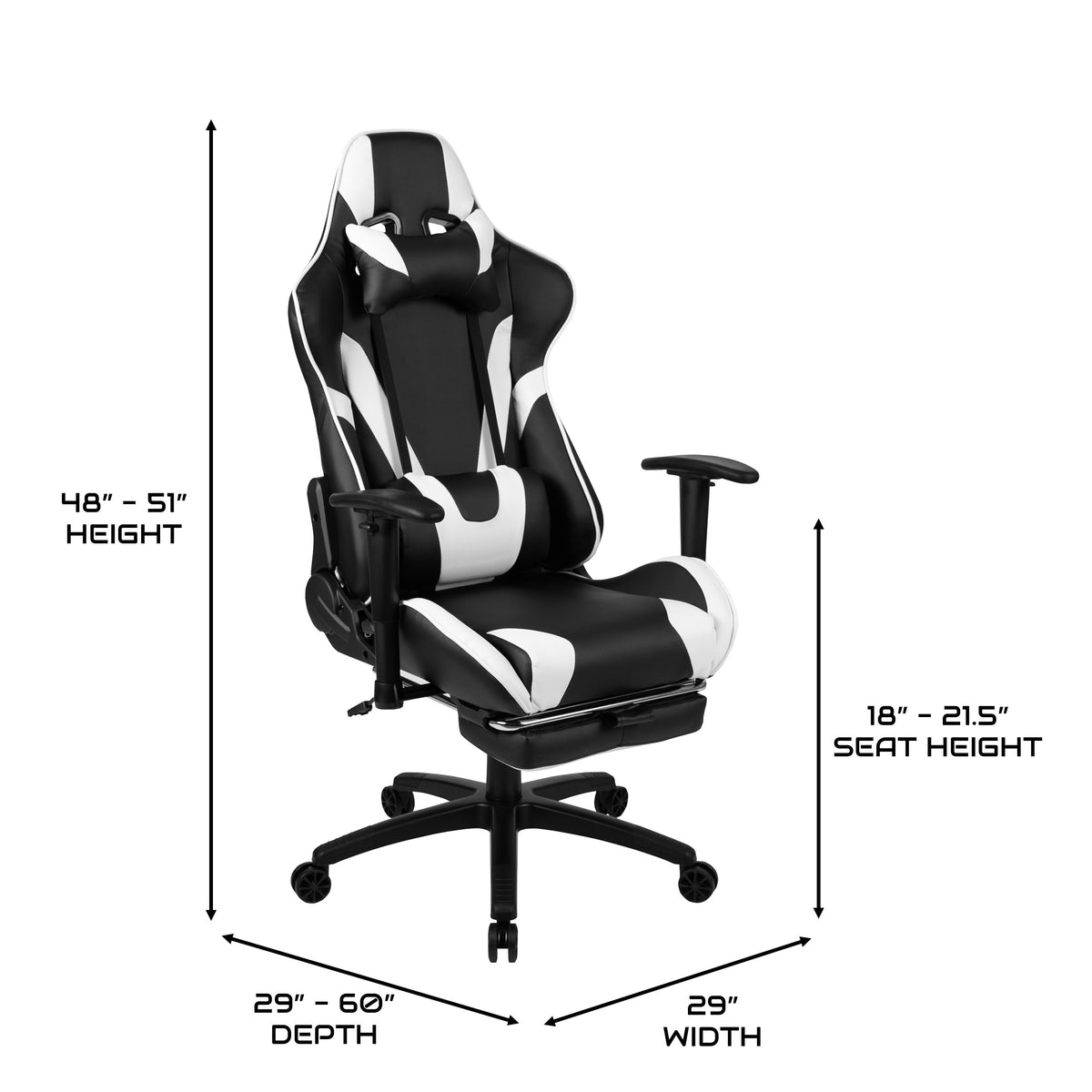 Black |#| Reclining Faux Leather Gaming Chair - Adjustable Arms & Footrest - Black & White