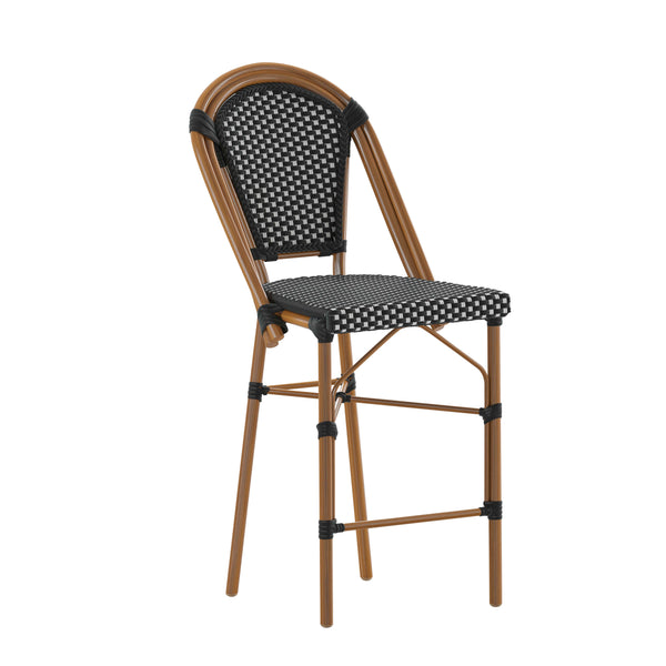 Black & White/Natural Frame |#| All-Weather Commercial Paris Stool with Bamboo Print Metal Frame-Black/White