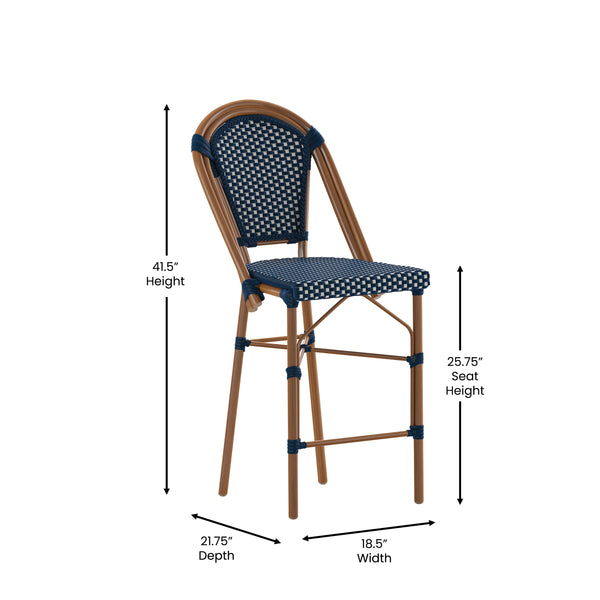 Navy & White/Natural Frame |#| All-Weather Commercial Paris Stool with Bamboo Print Metal Frame-Navy/White