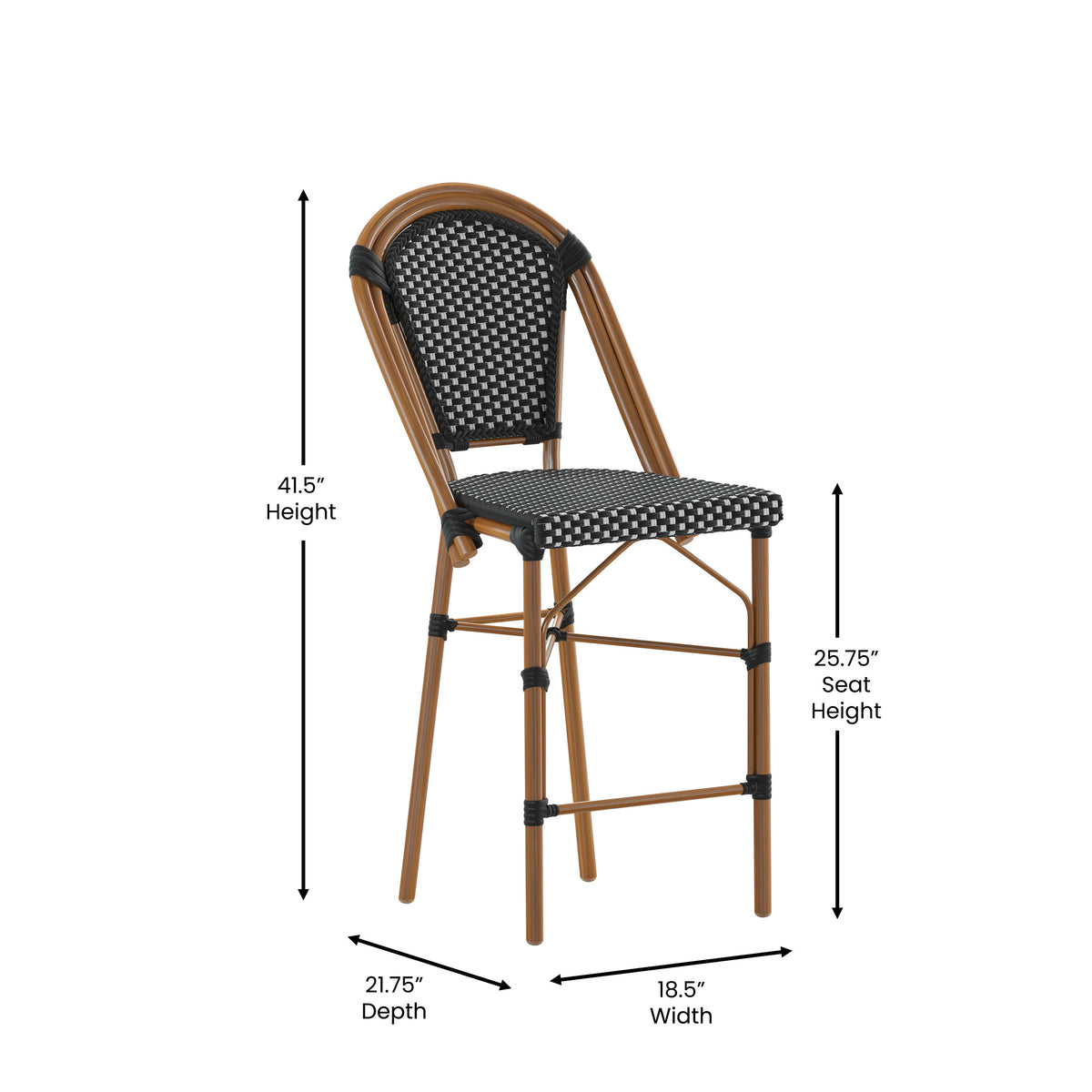 Black & White/Natural Frame |#| All-Weather Commercial Paris Stool with Bamboo Print Metal Frame-Black/White