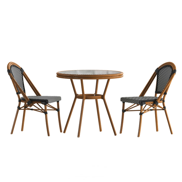Black & White Rattan/Natural Frame |#| Indoor/Outdoor Commercial Bistro Set with Table and 2 Chairs in Blk/Wht