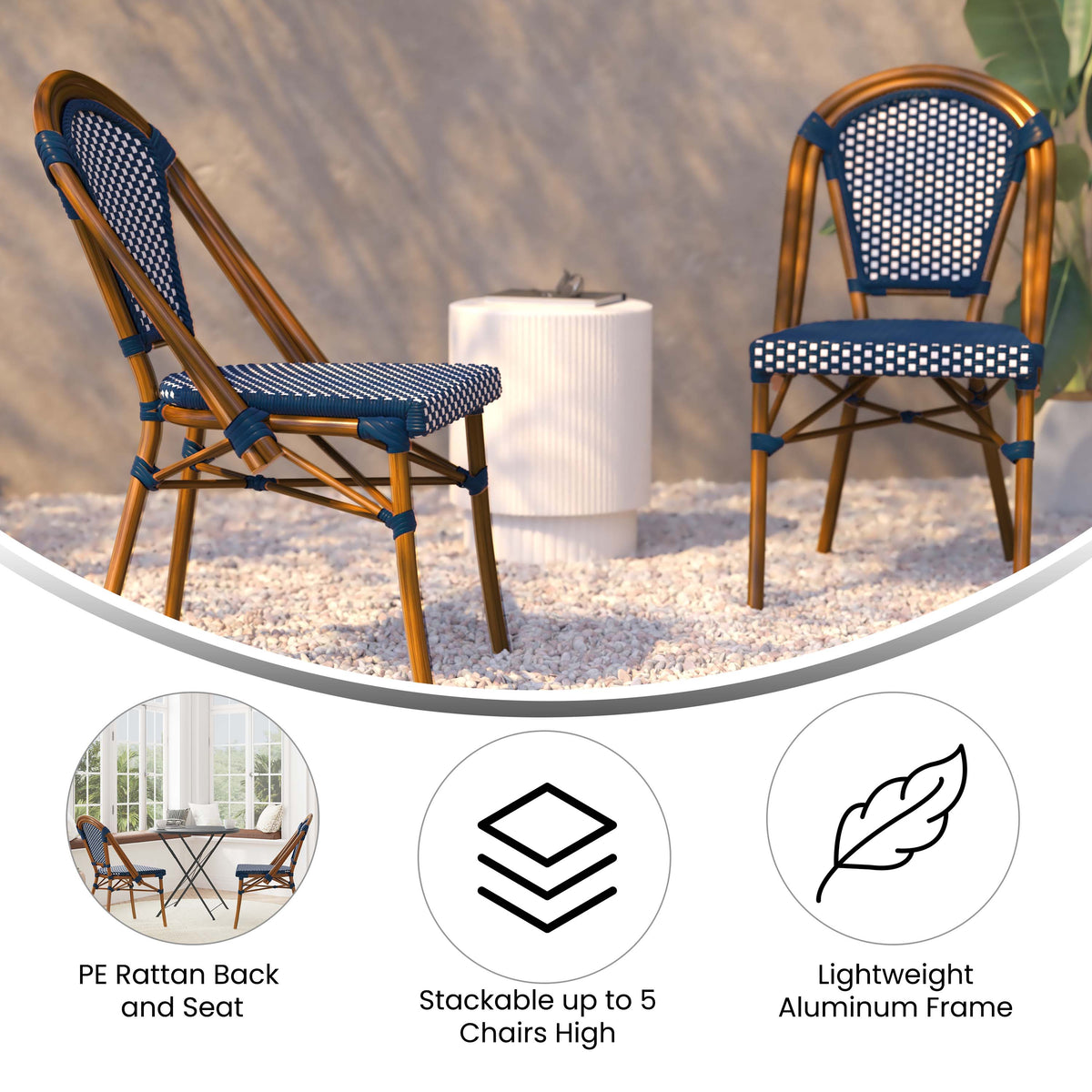 Navy & White/Natural Frame |#| All-Weather Commercial Paris Chair with Bamboo Print Aluminum Frame-Navy/White
