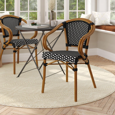 Bordeaux Indoor/Outdoor Commercial French Bistro Stacking Chair with Arms, PE Rattan and Bamboo Print Aluminum Frame
