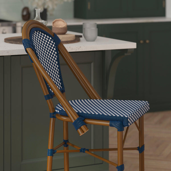 Navy & White/Natural Frame |#| 2 Pack All-Weather Commercial Paris Stools with Bamboo Print Frame-Black/White