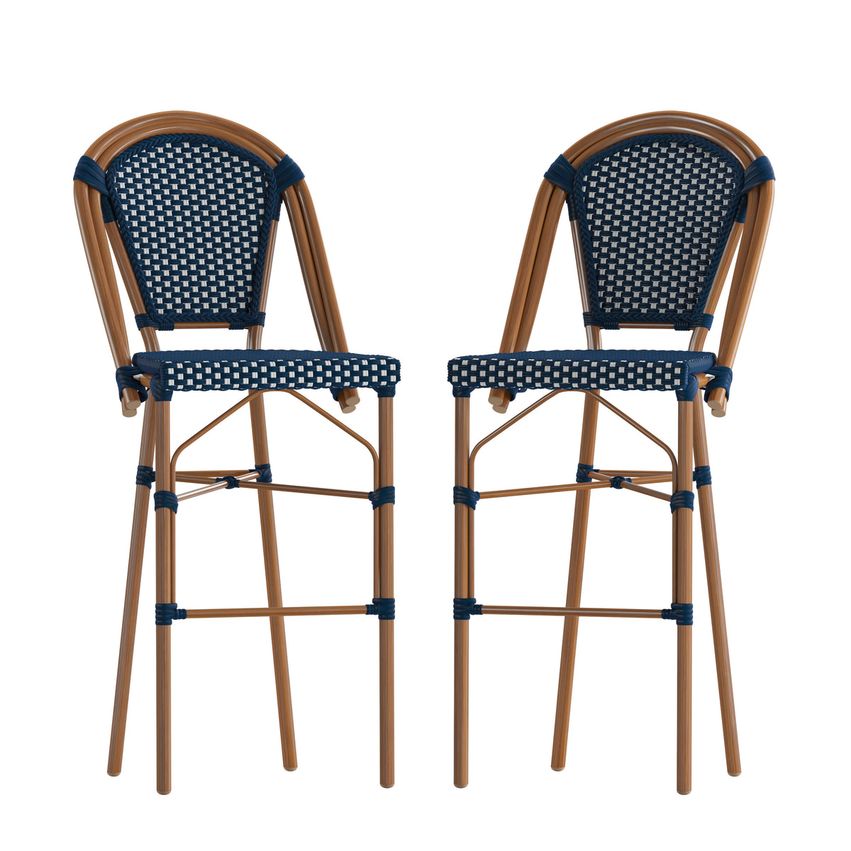 Navy & White/Natural Frame |#| 2 Pack All-Weather Commercial Paris Stools with Bamboo Print Frame-Navy/White