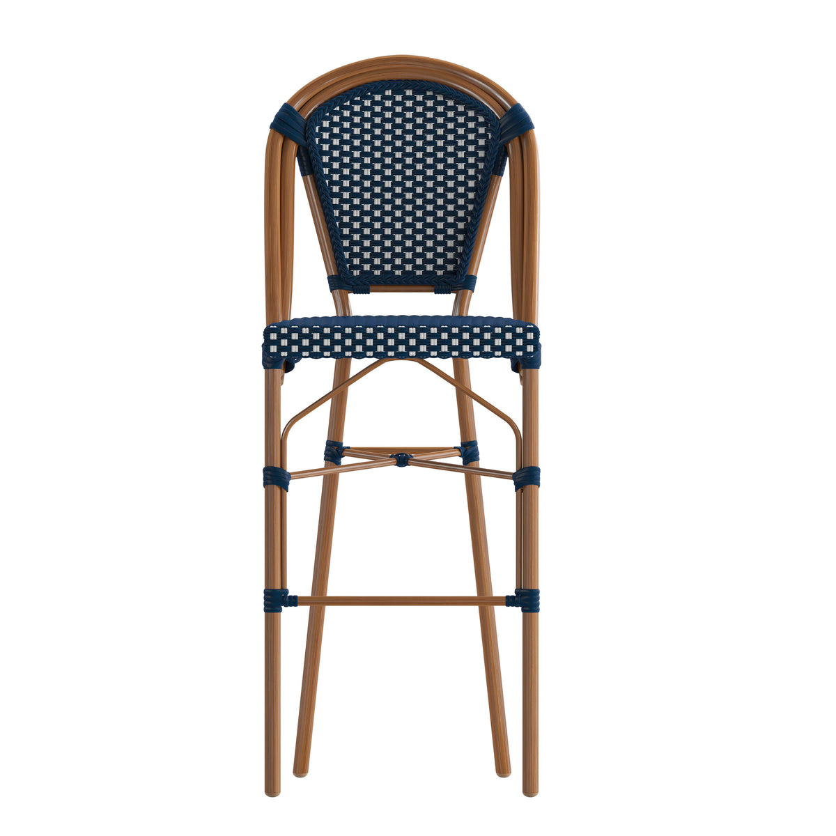 Navy & White/Natural Frame |#| 2 Pack All-Weather Commercial Paris Stools with Bamboo Print Frame-Navy/White