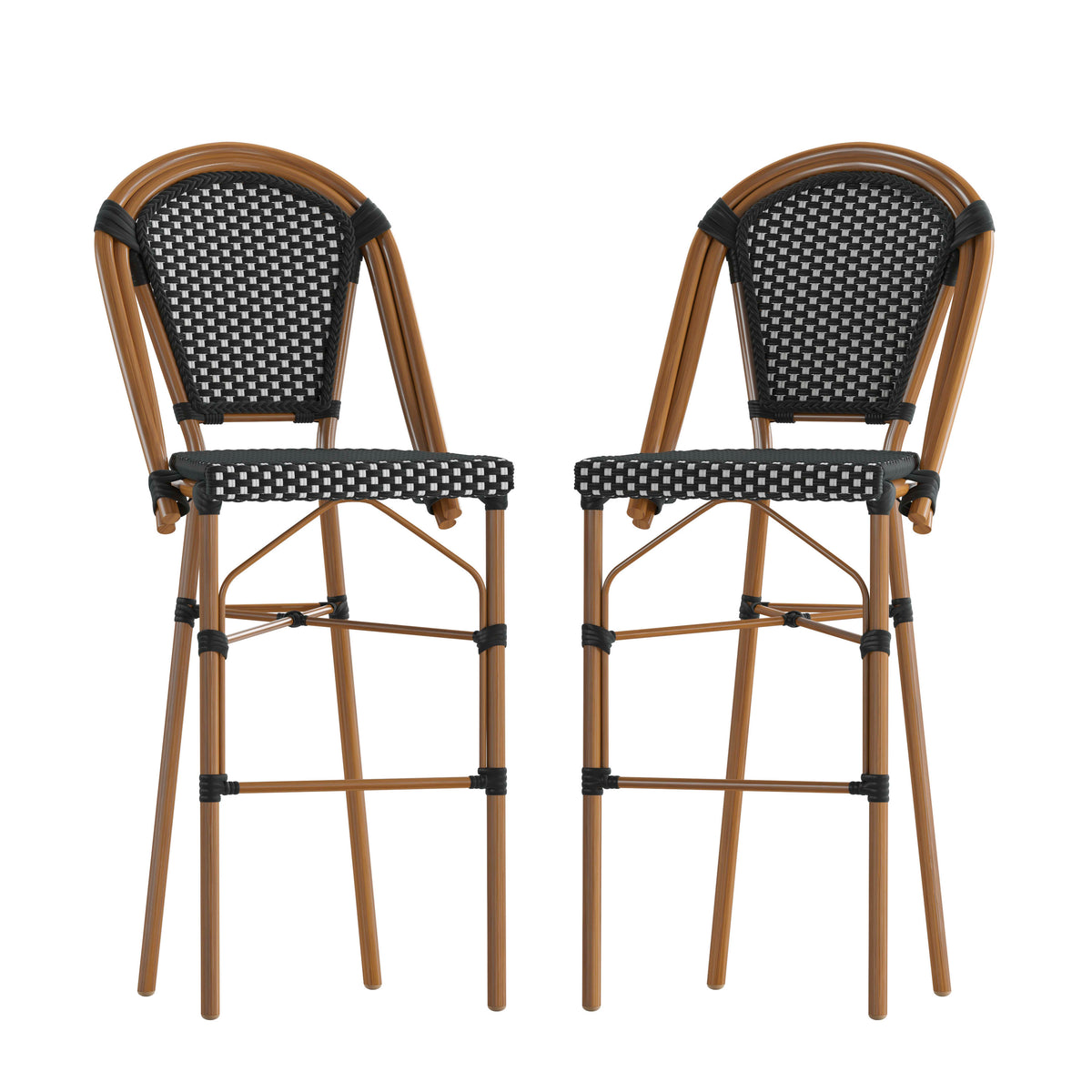 Black & White/Natural Frame |#| 2 Pack All-Weather Commercial Paris Stools with Bamboo Print Frame-Navy/White