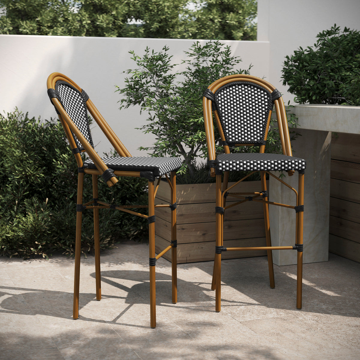 Black & White/Natural Frame |#| 2 Pack All-Weather Commercial Paris Stools with Bamboo Print Frame-Navy/White