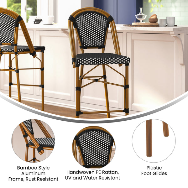 Black & White/Natural Frame |#| 2 Pack All-Weather Commercial Paris Stools with Bamboo Print Frame-Navy/White
