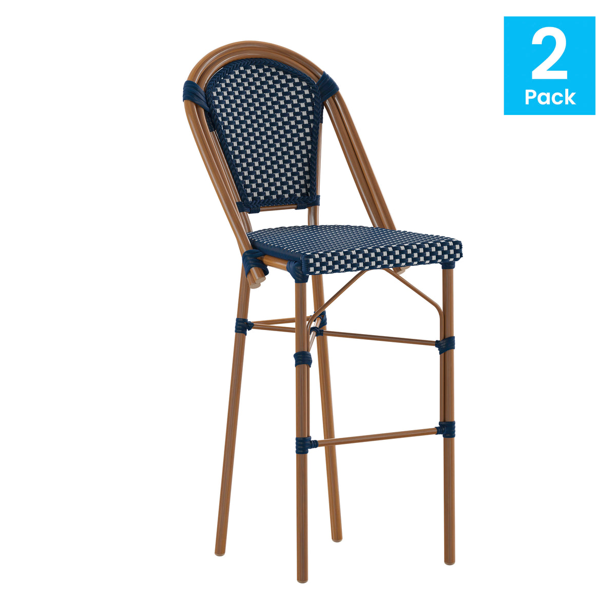 Navy & White/Natural Frame |#| 2 Pack All-Weather Commercial Paris Stools with Bamboo Print Frame-Navy/White