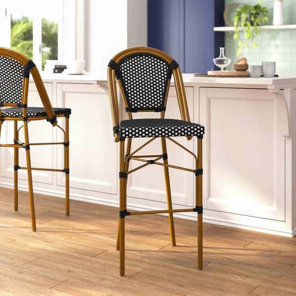 Black & White/Natural Frame |#| 2 Pack All-Weather Commercial Paris Stools with Bamboo Print Frame-Navy/White