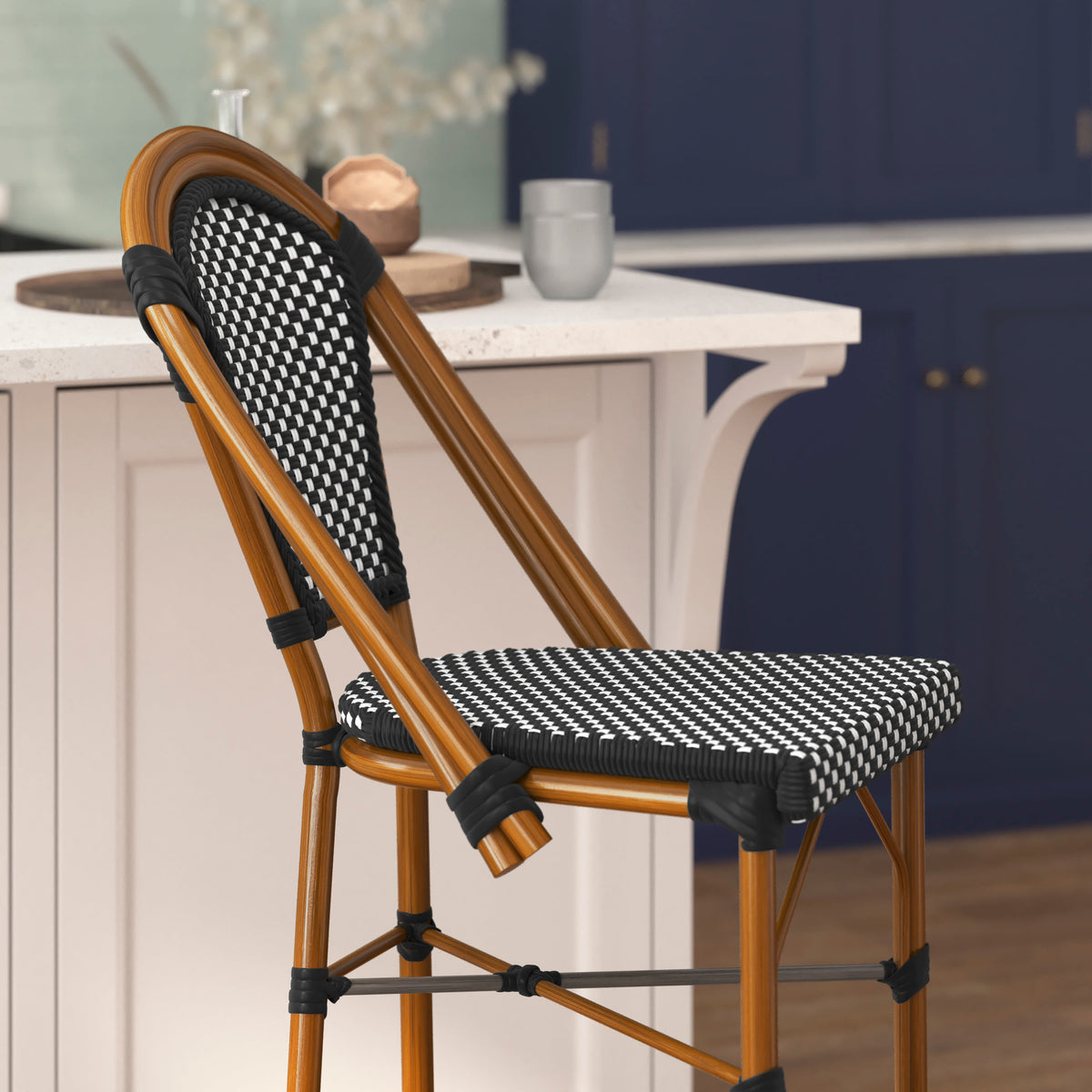 Black & White/Natural Frame |#| 2 Pack All-Weather Commercial Paris Stools with Bamboo Print Frame-Navy/White