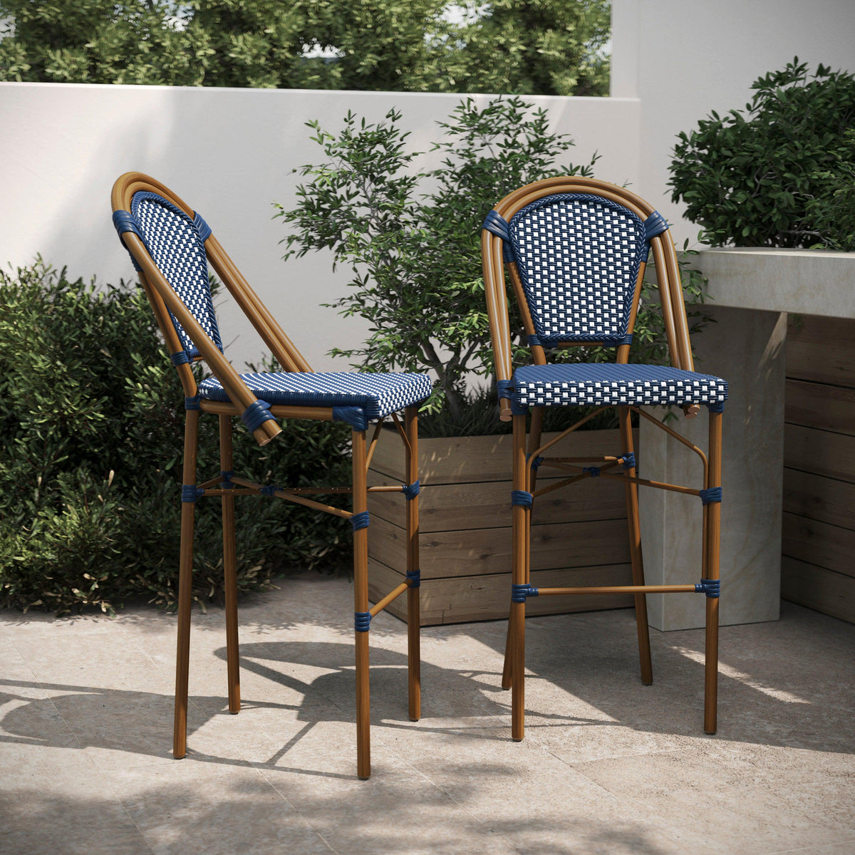 Navy & White/Natural Frame |#| 2 Pack All-Weather Commercial Paris Stools with Bamboo Print Frame-Navy/White