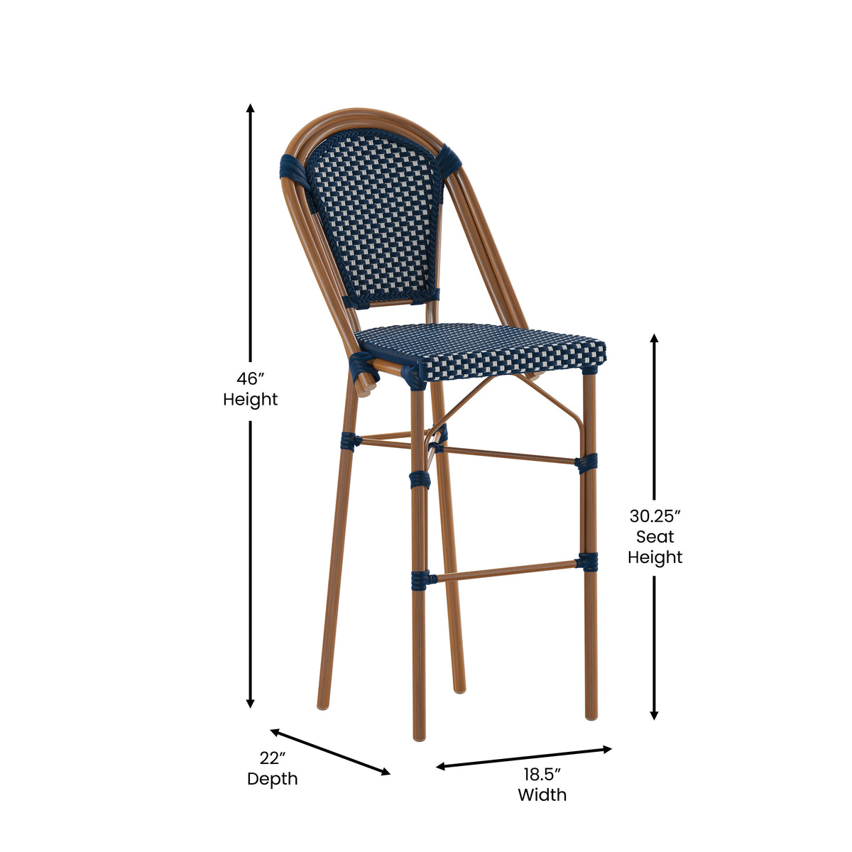Navy & White/Natural Frame |#| 2 Pack All-Weather Commercial Paris Stools with Bamboo Print Frame-Navy/White