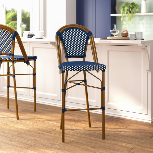Navy & White/Natural Frame |#| 2 Pack All-Weather Commercial Paris Stools with Bamboo Print Frame-Navy/White