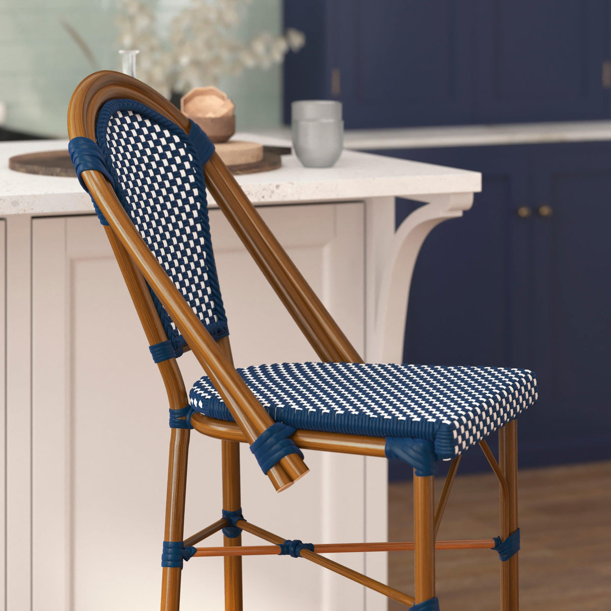 Navy & White/Natural Frame |#| 2 Pack All-Weather Commercial Paris Stools with Bamboo Print Frame-Navy/White