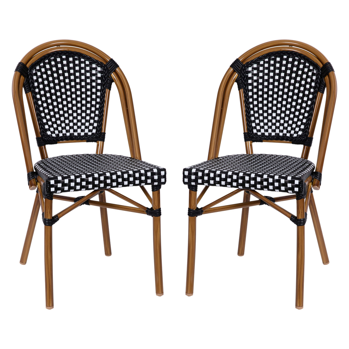Black & White/Natural Frame |#| 2 Pack All-Weather Commercial Paris Chairs with Bamboo Print Frame-Black/White