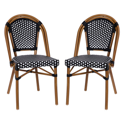 Bordeaux Set of 2 Indoor/Outdoor Commercial Bistro Stacking Chairs, PE Rattan Back and Seat, Bamboo Print Aluminum Frame - View 1