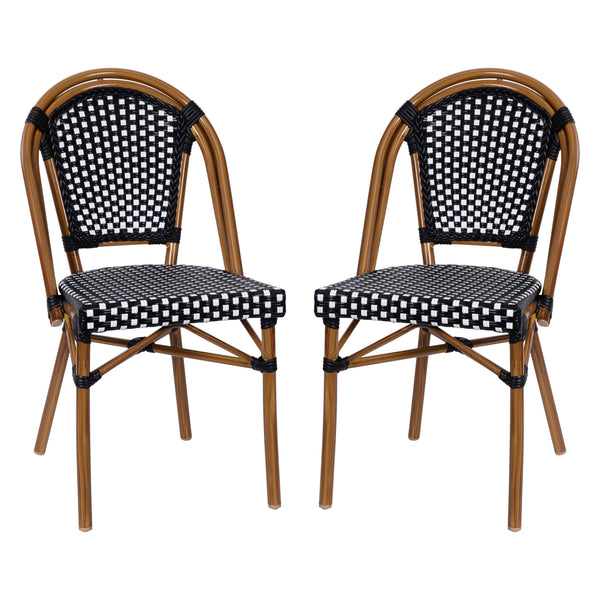Black & White/Natural Frame |#| 2 Pack All-Weather Commercial Paris Chairs with Bamboo Print Frame-Black/White