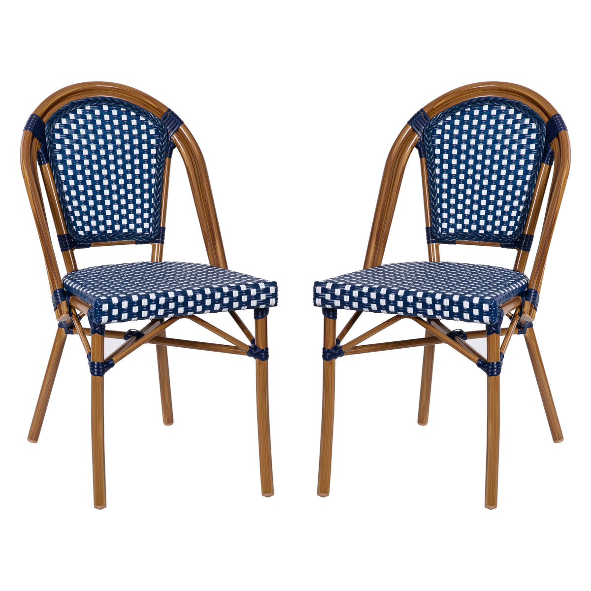 Navy & White/Natural Frame |#| 2 Pack All-Weather Commercial Paris Chairs with Bamboo Print Frame-Navy/White