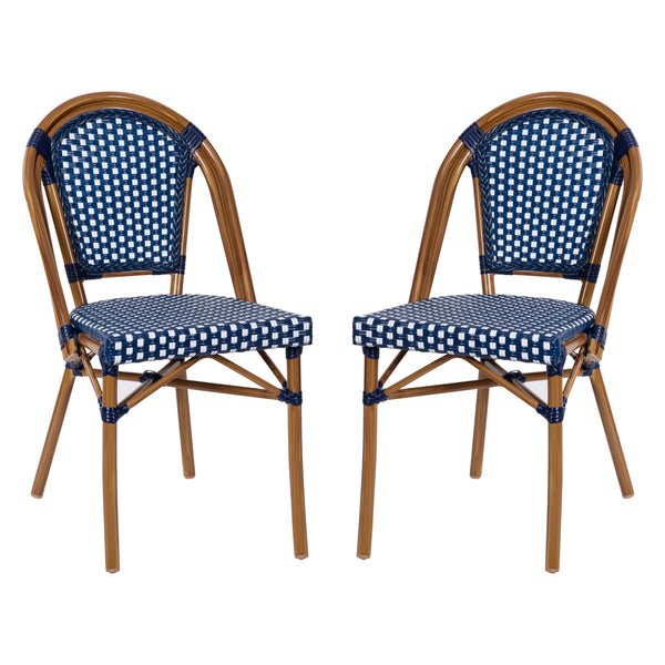 Navy & White/Natural Frame |#| 2 Pack All-Weather Commercial Paris Chairs with Bamboo Print Frame-Navy/White