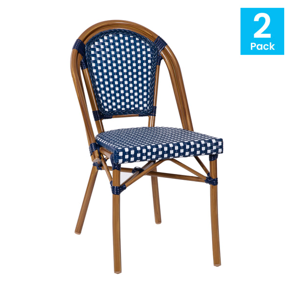 Navy & White/Natural Frame |#| 2 Pack All-Weather Commercial Paris Chairs with Bamboo Print Frame-Navy/White