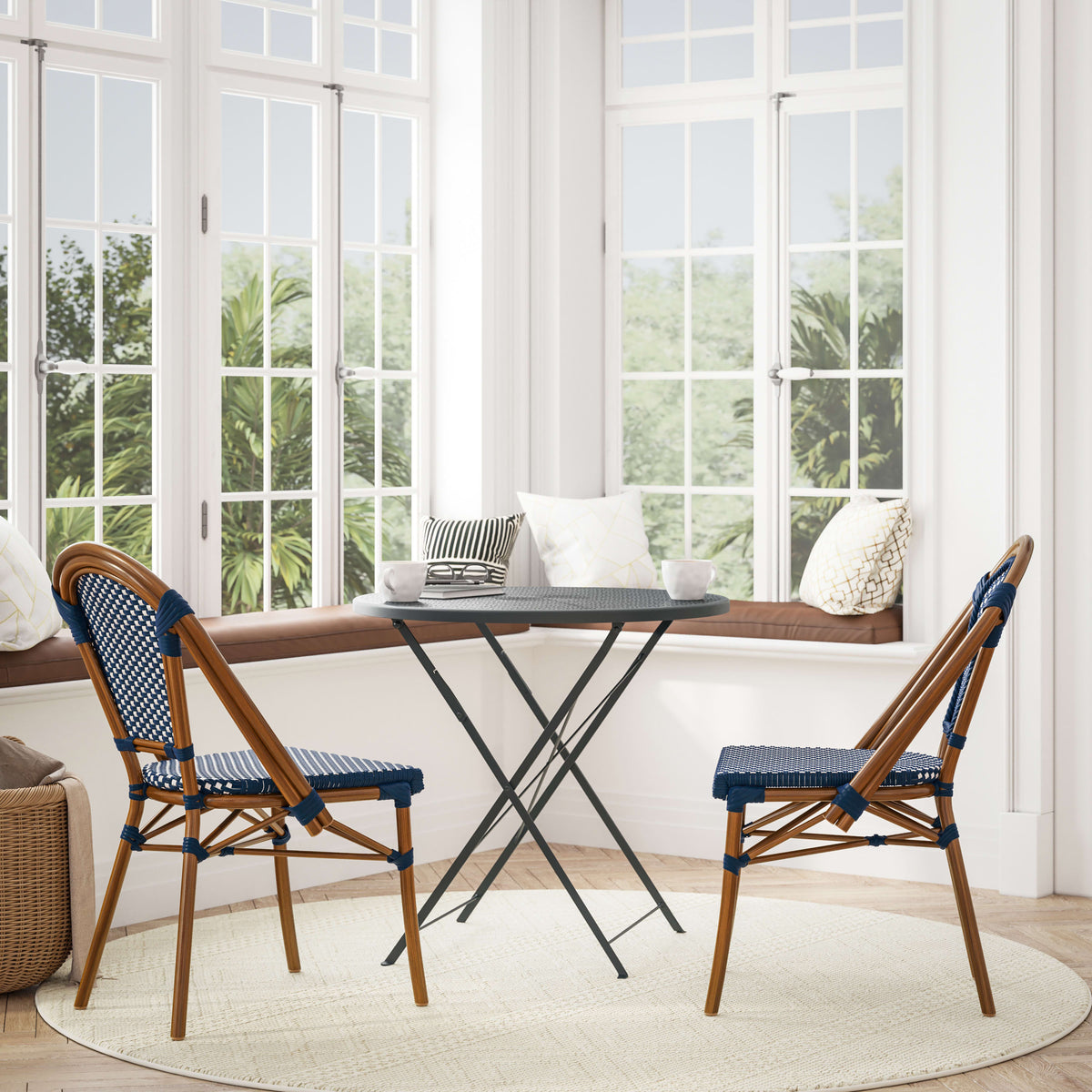 Navy & White/Natural Frame |#| 2 Pack All-Weather Commercial Paris Chairs with Bamboo Print Frame-Navy/White