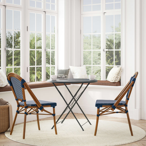 Navy & White/Natural Frame |#| 2 Pack All-Weather Commercial Paris Chairs with Bamboo Print Frame-Navy/White
