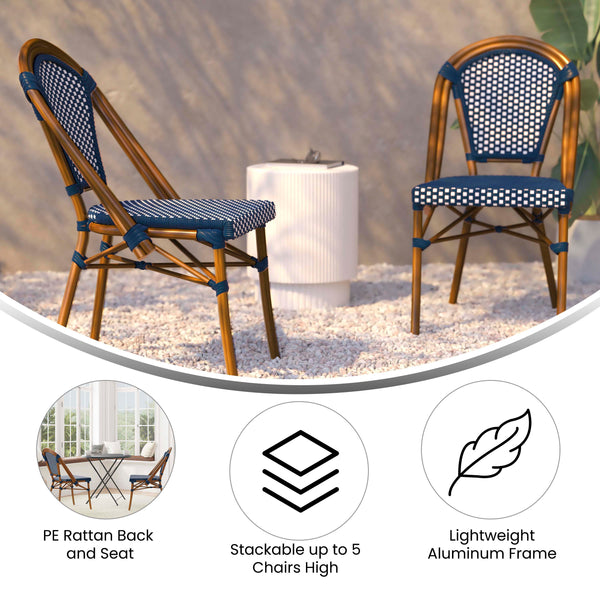 Navy & White/Natural Frame |#| 2 Pack All-Weather Commercial Paris Chairs with Bamboo Print Frame-Navy/White