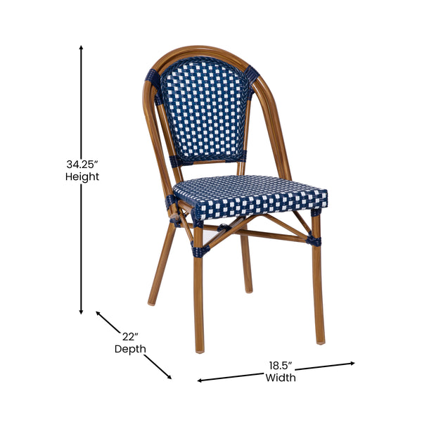 Navy & White/Natural Frame |#| 2 Pack All-Weather Commercial Paris Chairs with Bamboo Print Frame-Navy/White