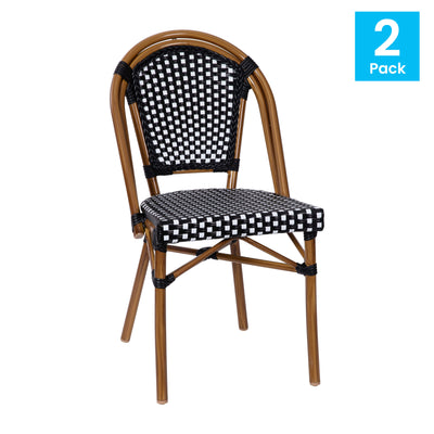 Bordeaux Set of 2 Indoor/Outdoor Commercial Bistro Stacking Chairs, PE Rattan Back and Seat, Bamboo Print Aluminum Frame - View 2