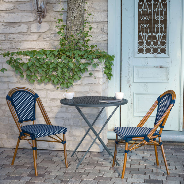 Navy & White/Natural Frame |#| 2 Pack All-Weather Commercial Paris Chairs with Bamboo Print Frame-Navy/White
