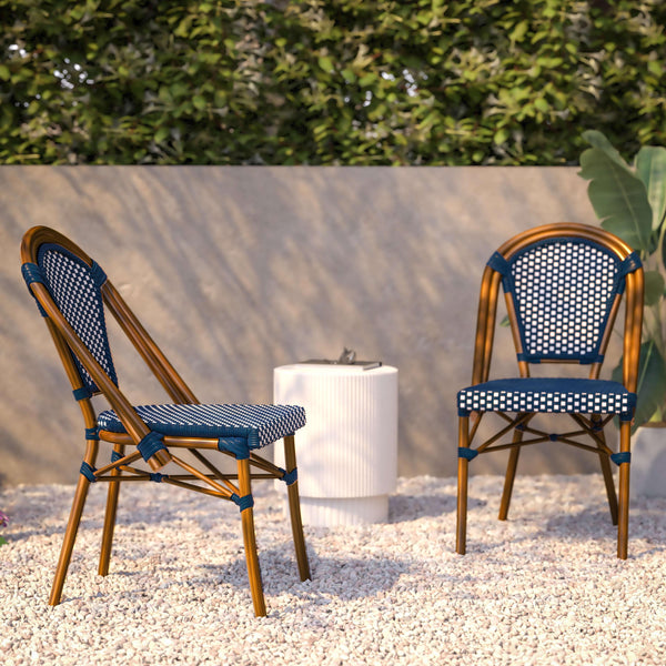 Navy & White/Natural Frame |#| 2 Pack All-Weather Commercial Paris Chairs with Bamboo Print Frame-Navy/White