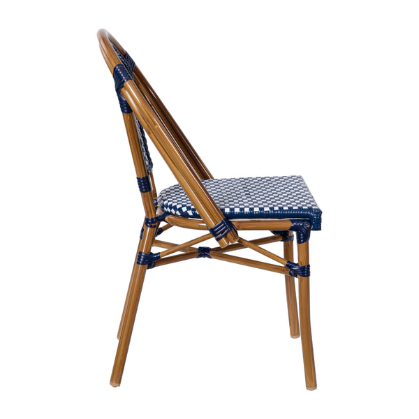 Navy & White/Natural Frame |#| 2 Pack All-Weather Commercial Paris Chairs with Bamboo Print Frame-Navy/White