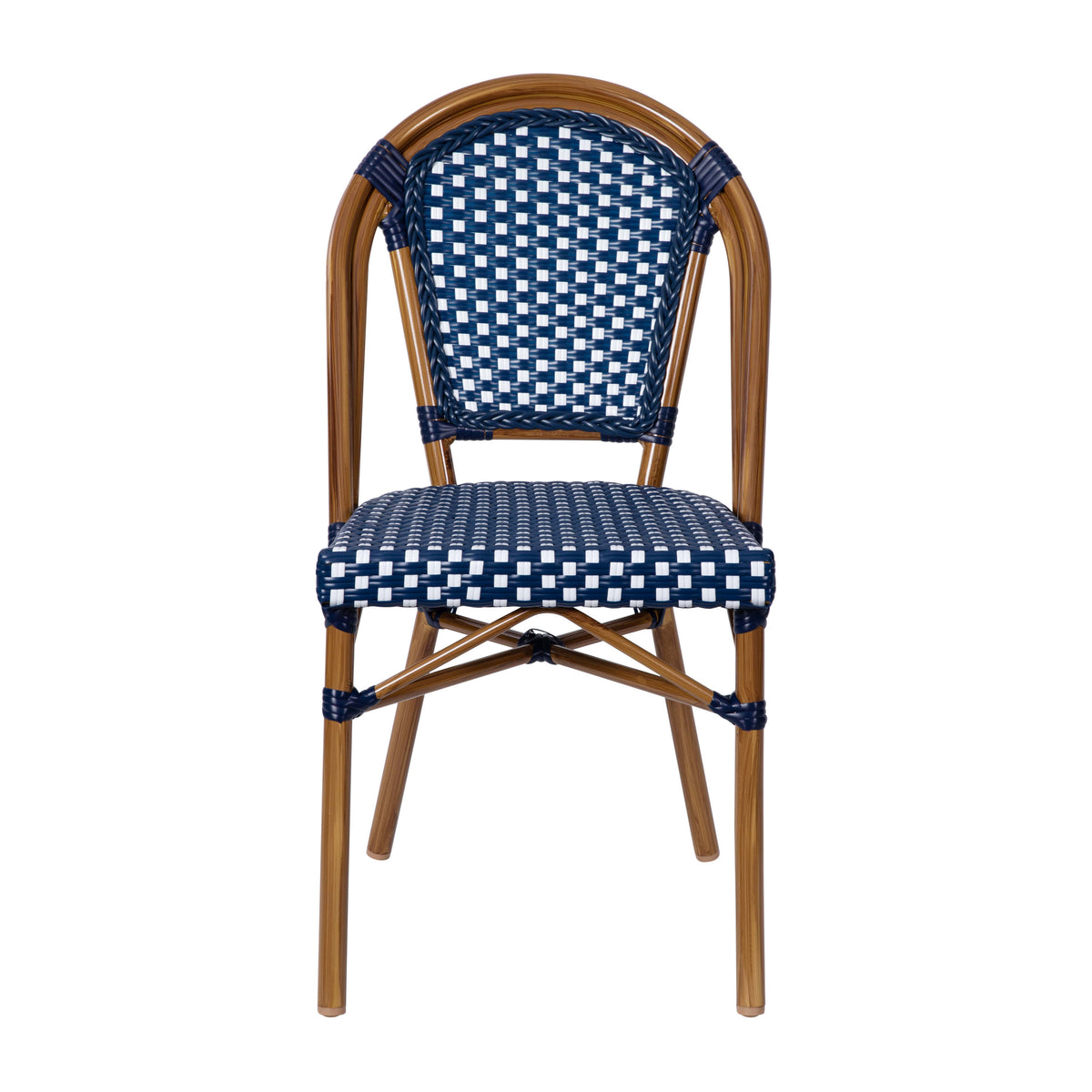Navy & White/Natural Frame |#| 2 Pack All-Weather Commercial Paris Chairs with Bamboo Print Frame-Navy/White