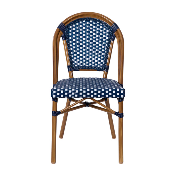 Navy & White/Natural Frame |#| 2 Pack All-Weather Commercial Paris Chairs with Bamboo Print Frame-Navy/White