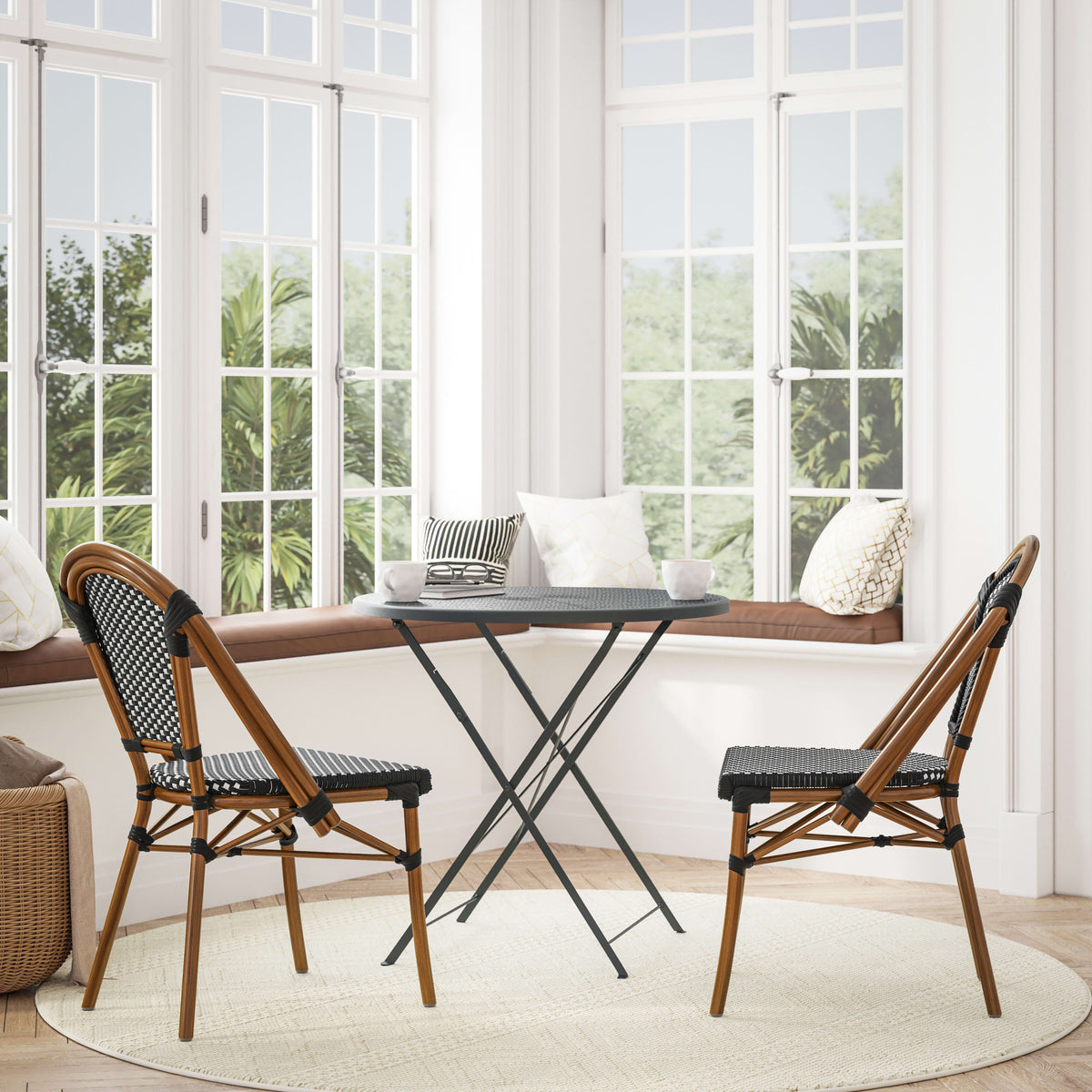 Black & White/Natural Frame |#| 2 Pack All-Weather Commercial Paris Chairs with Bamboo Print Frame-Black/White