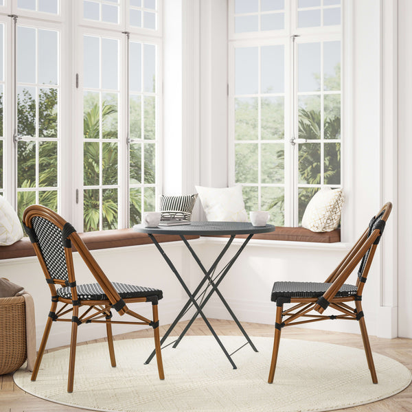 Black & White/Natural Frame |#| 2 Pack All-Weather Commercial Paris Chairs with Bamboo Print Frame-Black/White